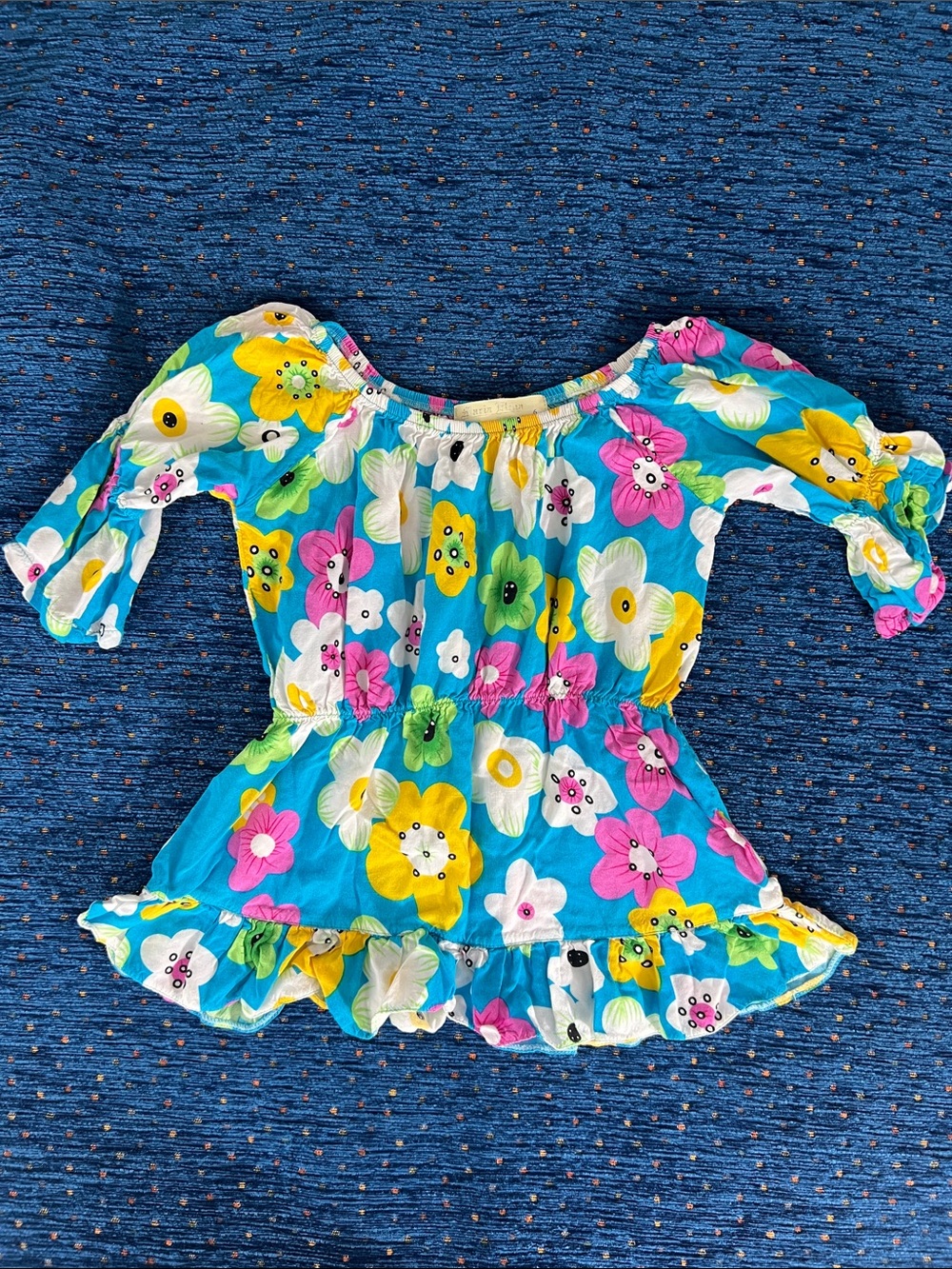 Girls Blue Floral scoop neck or Off-Shoulder Top with flared sleeves size 6